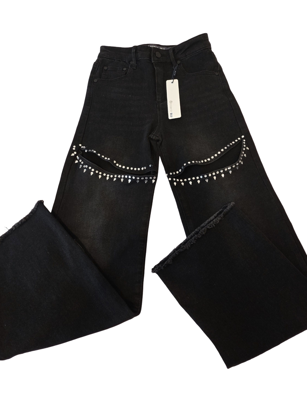 Tractr Black Wide-Leg Jeans with Silver Teardrop Embellishments